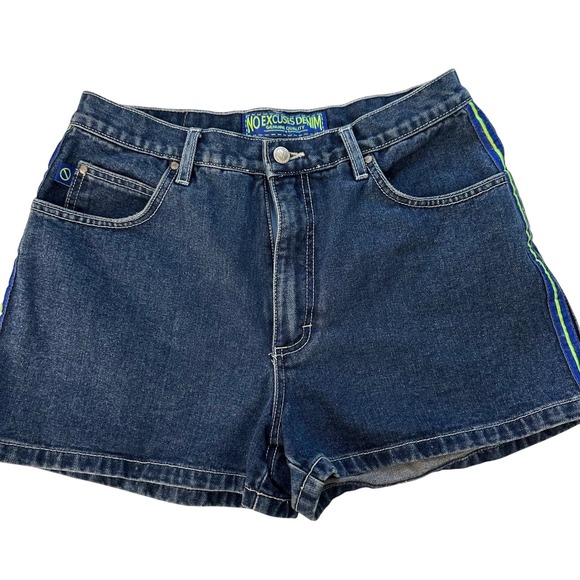 No Excuses Denim Pants - Vintage Y2K No Excuses Denim Shorts Women 13/14 32"Blue Neon Stripe High Waisted